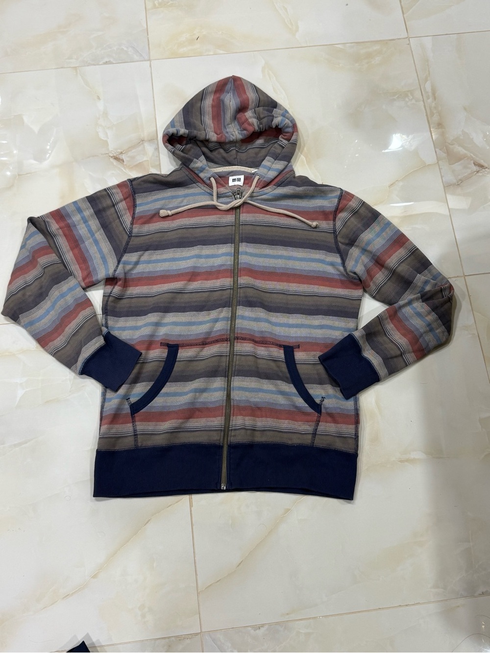 Uniqlo Men’s Striped Hooded Zip-Up Sweater - Blue, Red, Gray